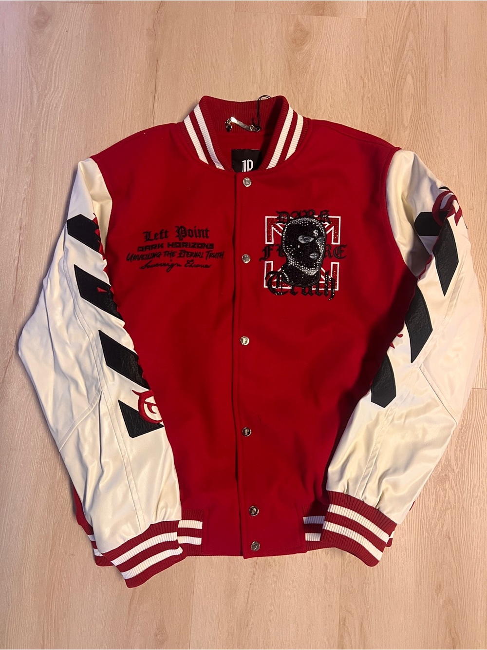Left Point Red and White Varsity Bomber Jacket